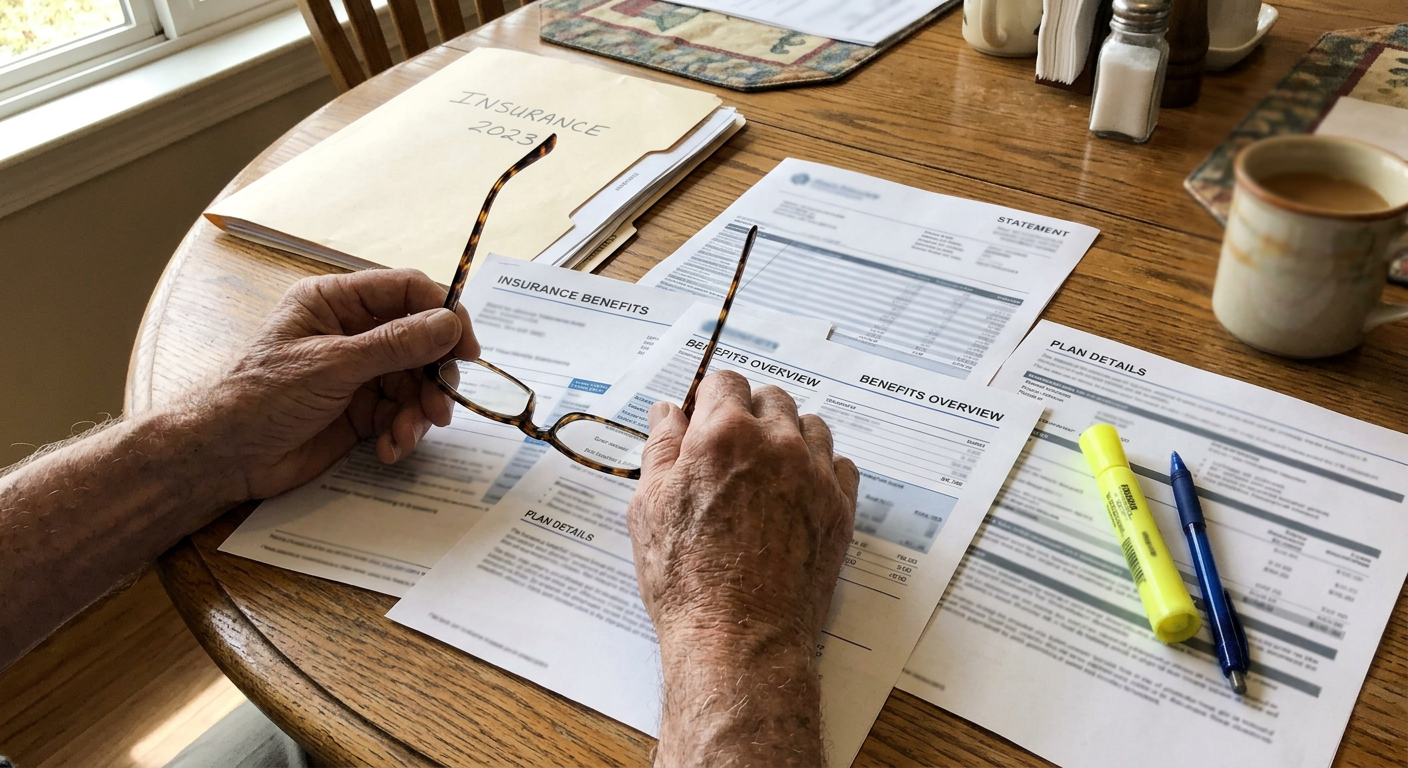 Hands holding reading glasses over insurance and benefits statements.