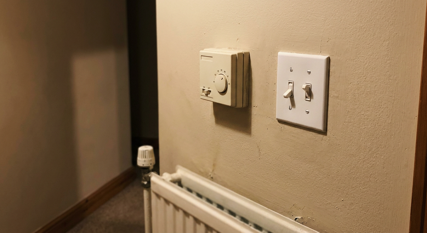 A wall thermostat in a hallway above a radiator.