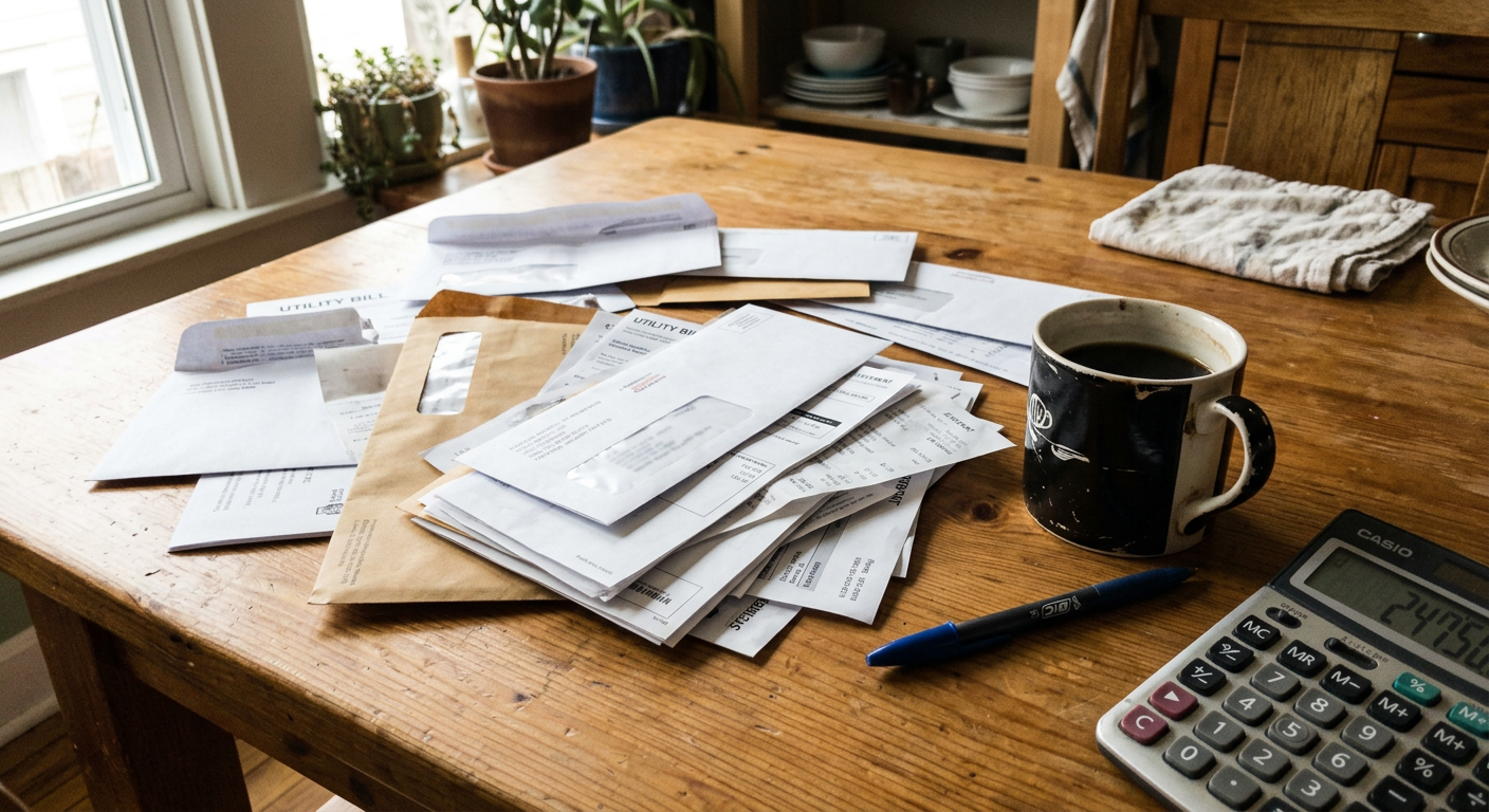 Opened household bills, a pen and a coffee mug on a kitchen table.